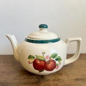 Vintage Ceramic Teapot with Apple Design and Green Trim | Floral Teapot